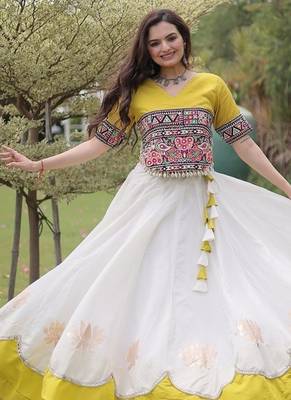 Navratri Roman Lehenga Choli - Lotus Gota Mirror Lace & Kutchi Gamthi Work - free size 5