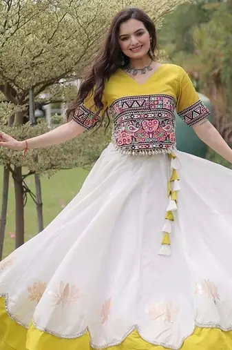 Navratri Roman Lehenga Choli - Lotus Gota Mirror Lace & Kutchi Gamthi Work - free size