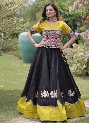 Navratri Roman Lehenga Choli - Lotus Gota Mirror Lace & Kutchi Gamthi Work - free size 1