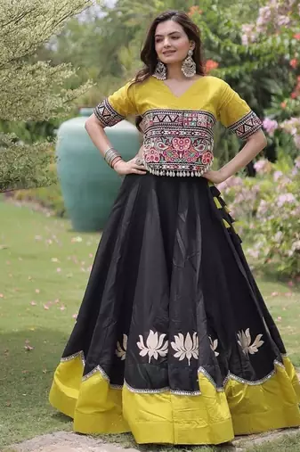 Navratri Roman Lehenga Choli - Lotus Gota Mirror Lace & Kutchi Gamthi Work - free size