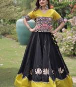 Navratri Roman Lehenga Choli - Lotus Gota Mirror Lace & Kutchi Gamthi Work - free size