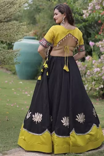 Navratri Roman Lehenga Choli - Lotus Gota Mirror Lace & Kutchi Gamthi Work - free size