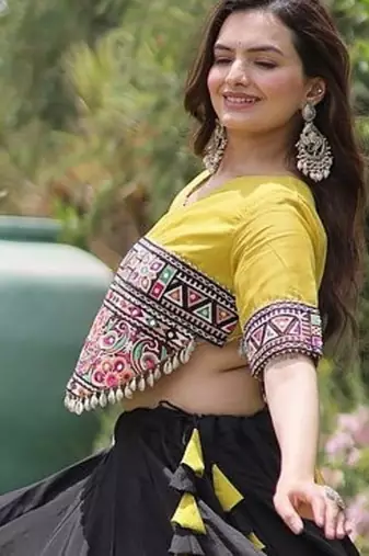 Navratri Roman Lehenga Choli - Lotus Gota Mirror Lace & Kutchi Gamthi Work - free size
