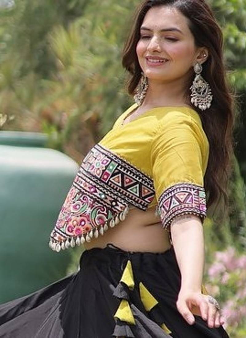 Navratri Roman Lehenga Choli - Lotus Gota Mirror Lace & Kutchi Gamthi Work - free size