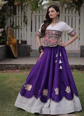 Navratri Roman Lehenga Choli - Lotus Gota Mirror Lace & Kutchi Gamthi Work - free size 1