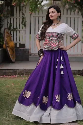 Navratri Roman Lehenga Choli - Lotus Gota Mirror Lace & Kutchi Gamthi Work - free size
