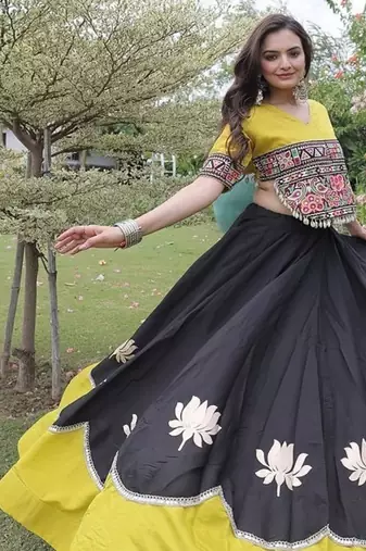 Navratri Roman Lehenga Choli - Lotus Gota Mirror Lace & Kutchi Gamthi Work - free size