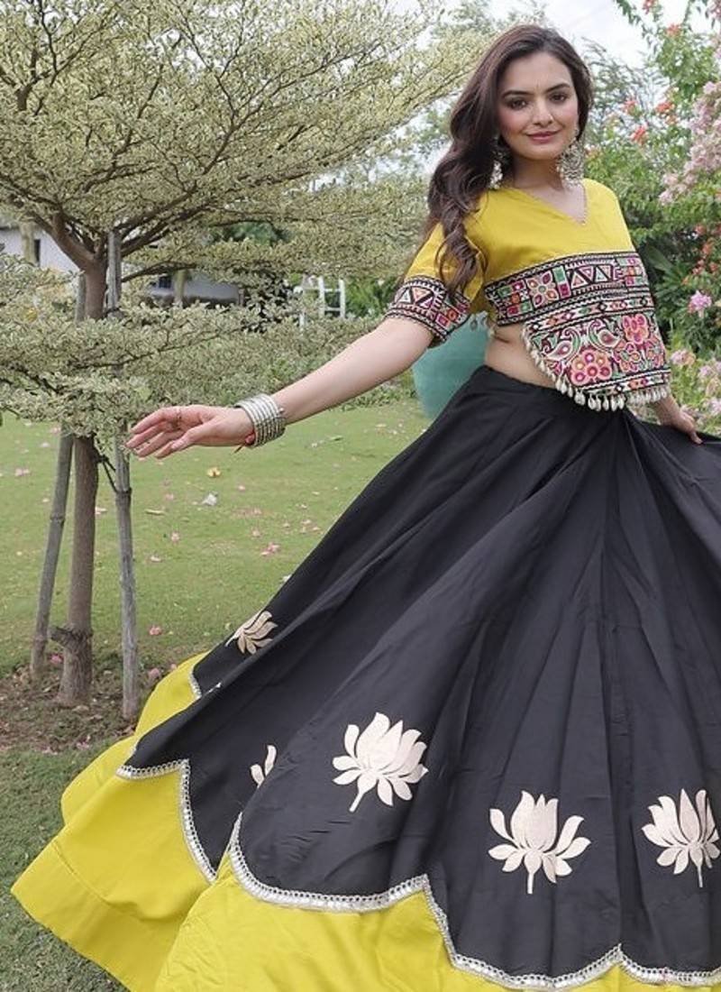 Navratri Roman Lehenga Choli - Lotus Gota Mirror Lace & Kutchi Gamthi Work - free size