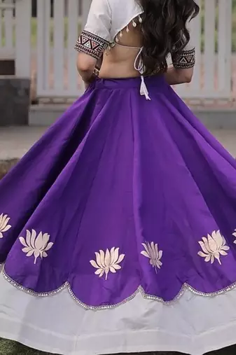 Navratri Roman Lehenga Choli - Lotus Gota Mirror Lace & Kutchi Gamthi Work - free size