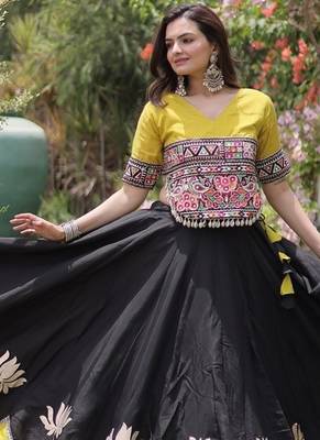 Navratri Roman Lehenga Choli - Lotus Gota Mirror Lace & Kutchi Gamthi Work - free size 5