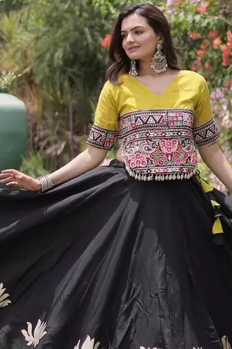 Navratri Roman Lehenga Choli - Lotus Gota Mirror Lace & Kutchi Gamthi Work - free size