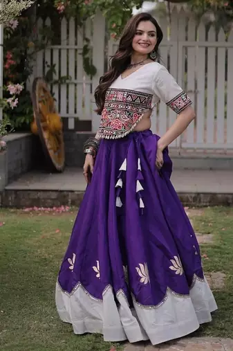 Navratri Roman Lehenga Choli - Lotus Gota Mirror Lace & Kutchi Gamthi Work - free size