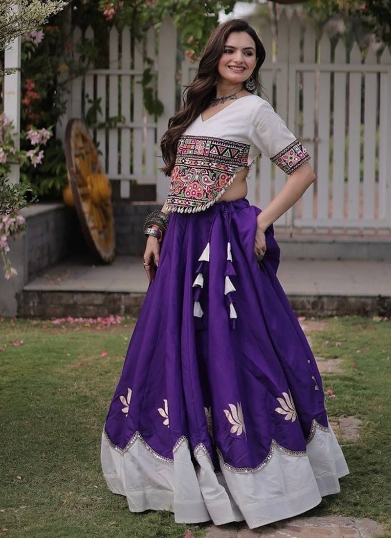 Navratri Roman Lehenga Choli - Lotus Gota Mirror Lace & Kutchi Gamthi Work - free size