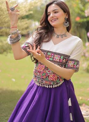 Navratri Roman Lehenga Choli - Lotus Gota Mirror Lace & Kutchi Gamthi Work - free size 4
