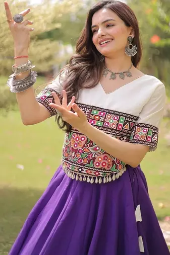 Navratri Roman Lehenga Choli - Lotus Gota Mirror Lace & Kutchi Gamthi Work - free size