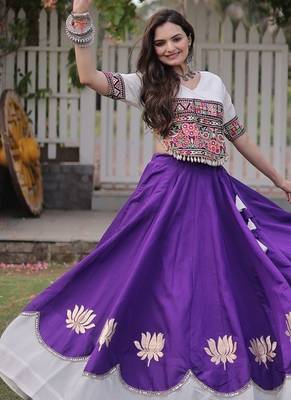 Navratri Roman Lehenga Choli - Lotus Gota Mirror Lace & Kutchi Gamthi Work - free size 5