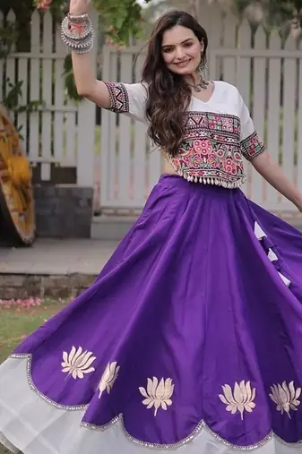 Navratri Roman Lehenga Choli - Lotus Gota Mirror Lace & Kutchi Gamthi Work - free size