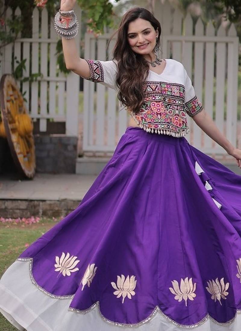 Navratri Roman Lehenga Choli - Lotus Gota Mirror Lace & Kutchi Gamthi Work - free size