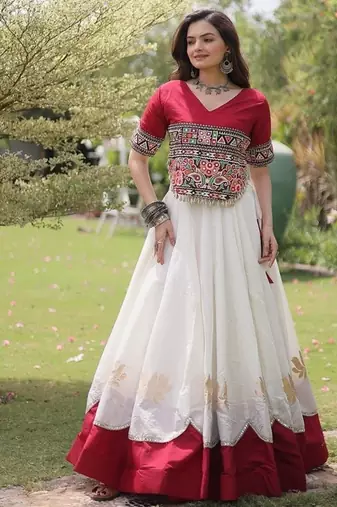 Navratri Roman Lehenga Choli - Lotus Gota Mirror Lace & Kutchi Gamthi Work - free size