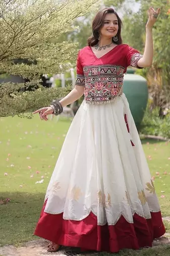 Navratri Roman Lehenga Choli - Lotus Gota Mirror Lace & Kutchi Gamthi Work - free size