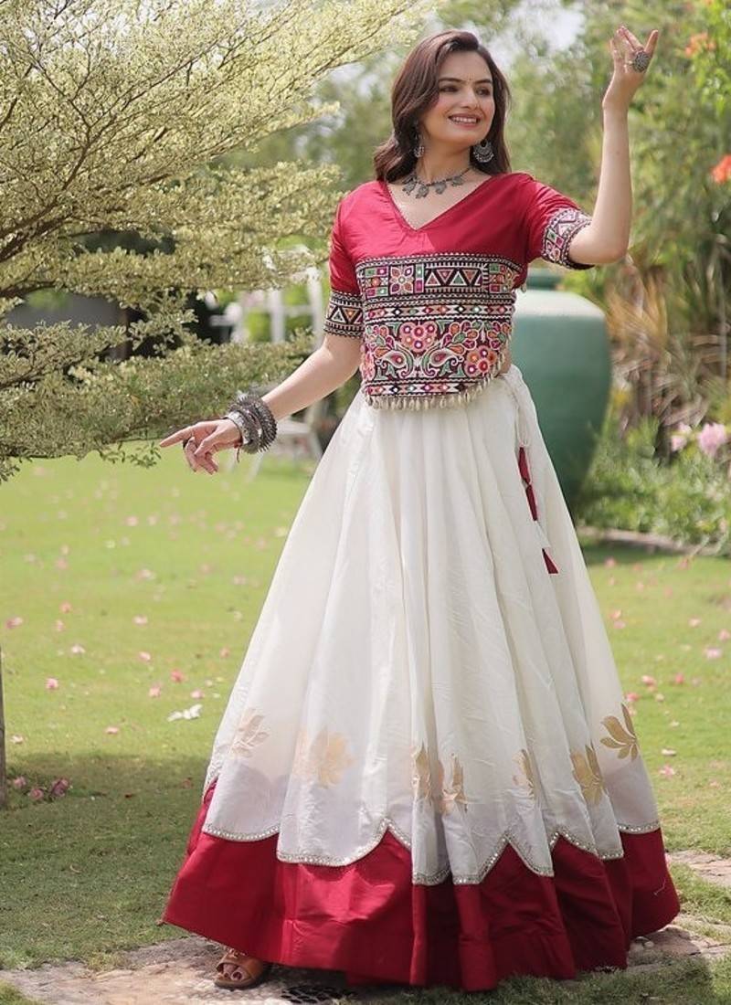 Navratri Roman Lehenga Choli - Lotus Gota Mirror Lace & Kutchi Gamthi Work - free size