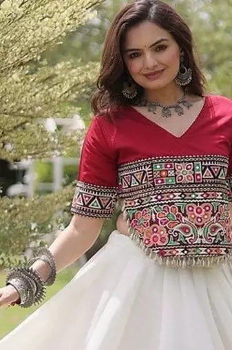 Navratri Roman Lehenga Choli - Lotus Gota Mirror Lace & Kutchi Gamthi Work - free size