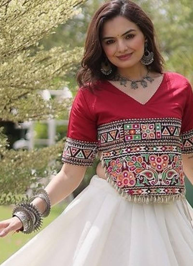 Navratri Roman Lehenga Choli - Lotus Gota Mirror Lace & Kutchi Gamthi Work - free size
