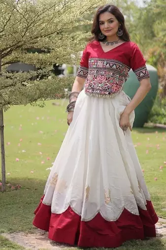 Navratri Roman Lehenga Choli - Lotus Gota Mirror Lace & Kutchi Gamthi Work - free size