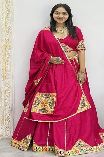 Rani Pink Color Mirror and Patch Border Work Lehenga Choli Set