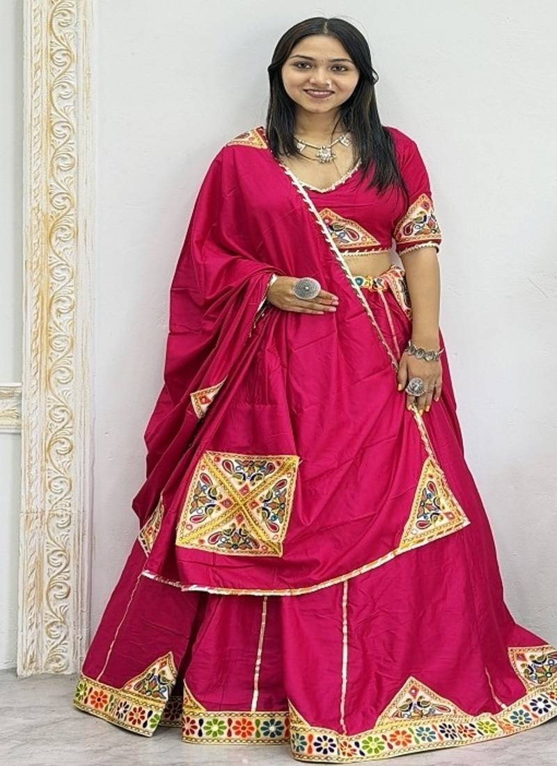 Rani Pink Color Mirror and Patch Border Work Lehenga Choli Set
