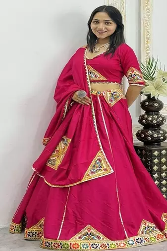Rani Pink Color Mirror and Patch Border Work Lehenga Choli Set
