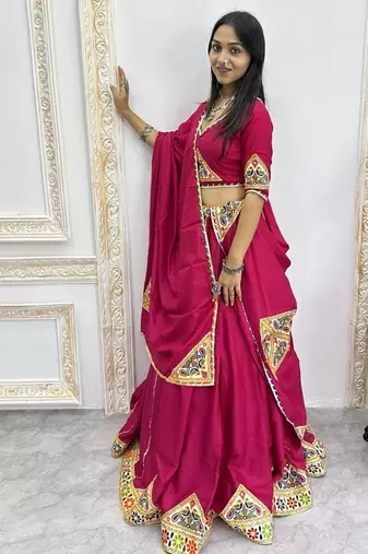 Rani Pink Color Mirror and Patch Border Work Lehenga Choli Set