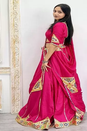 Rani Pink Color Mirror and Patch Border Work Lehenga Choli Set