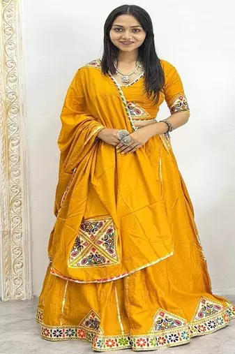 Yellow Color Mirror and Patch Border Work Lehenga Choli Set