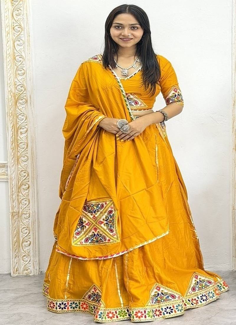Yellow Color Mirror and Patch Border Work Lehenga Choli Set