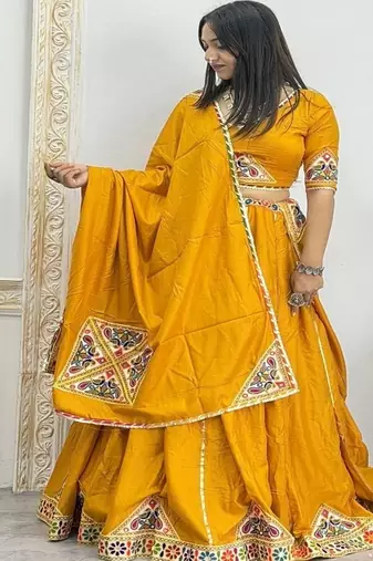 Yellow Color Mirror and Patch Border Work Lehenga Choli Set