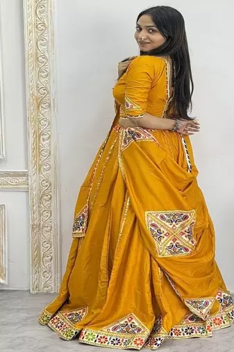 Yellow Color Mirror and Patch Border Work Lehenga Choli Set