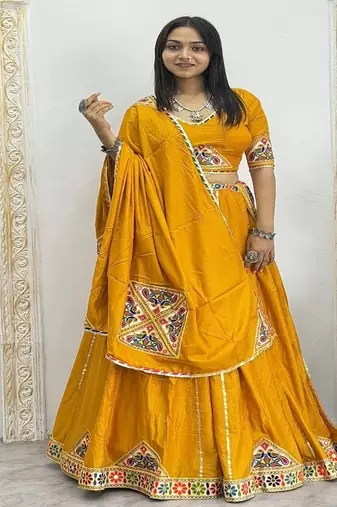 Yellow Color Mirror and Patch Border Work Lehenga Choli Set