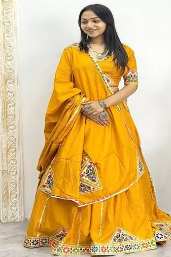 Yellow Color Mirror and Patch Border Work Lehenga Choli Set