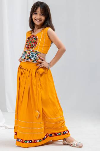Navratri special real mirror & gamthi lace work lehenga with patch work blouse for kids