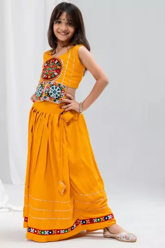 Navratri special real mirror & gamthi lace work lehenga with patch work blouse for kids
