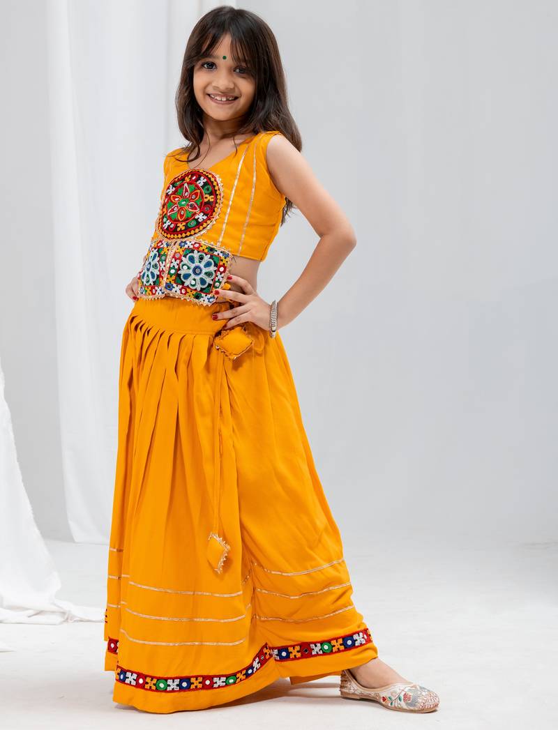 Navratri special real mirror & gamthi lace work lehenga with patch work blouse for kids