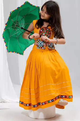 Navratri special real mirror & gamthi lace work lehenga with patch work blouse for kids