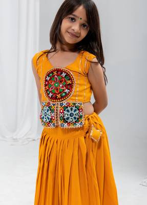 Navratri special real mirror & gamthi lace work lehenga with patch work blouse for kids 5