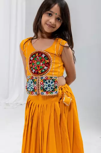 Navratri special real mirror & gamthi lace work lehenga with patch work blouse for kids