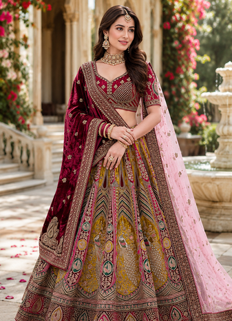 multicolor color Multi Thread work Embroidery and Zari work Sequins and Diamond work Velvet Lehenga Choli set