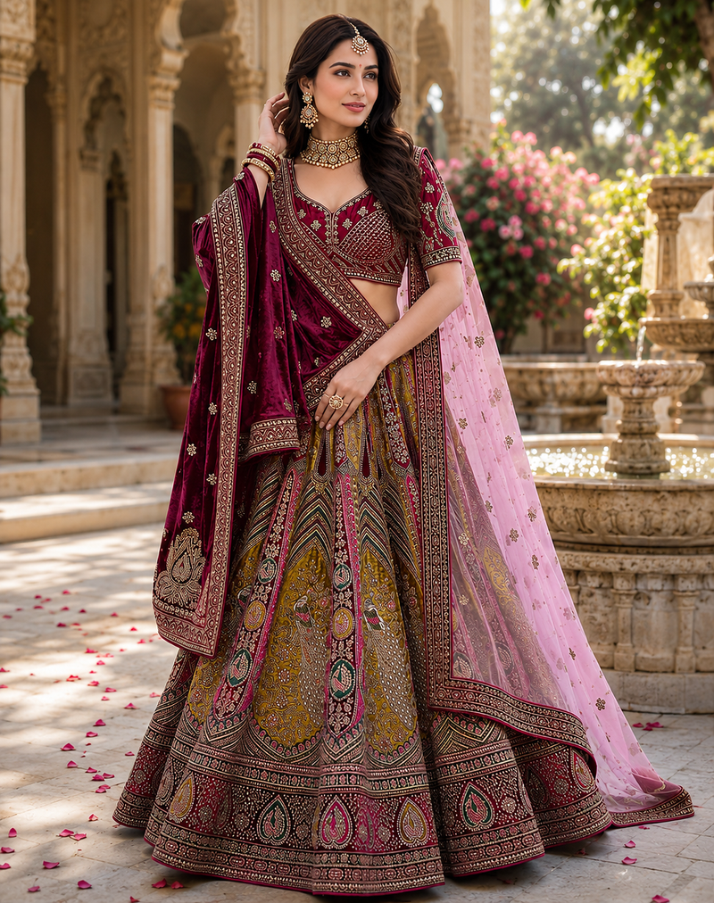 multicolor color Multi Thread work Embroidery and Zari work Sequins and Diamond work Velvet Lehenga Choli set
