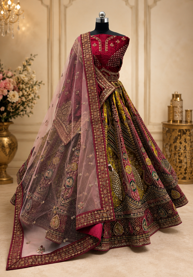 multicolor color Multi Thread work Embroidery and Zari work Sequins and Diamond work Velvet Lehenga Choli set