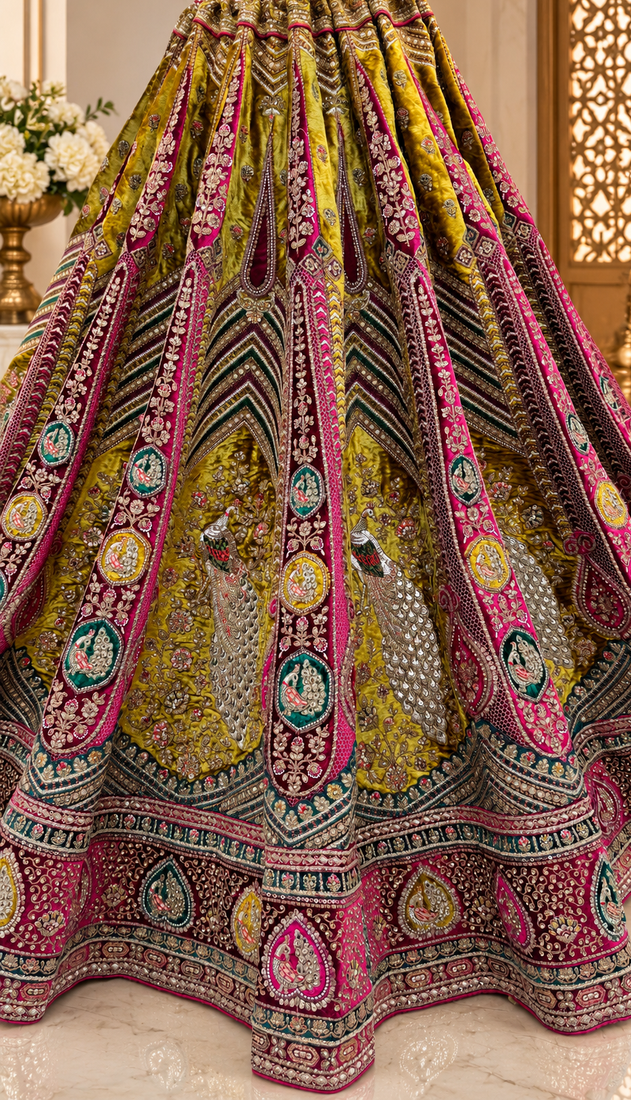 multicolor color Multi Thread work Embroidery and Zari work Sequins and Diamond work Velvet Lehenga Choli set