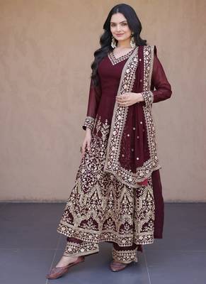 Women maroon heavy embroidered  anarkali suit set 1